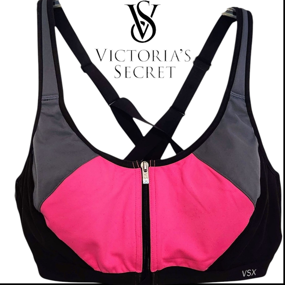 Victoria's Secret VSX Sports Bra Zip Front Underwire Strappy Back 36D NWOT
